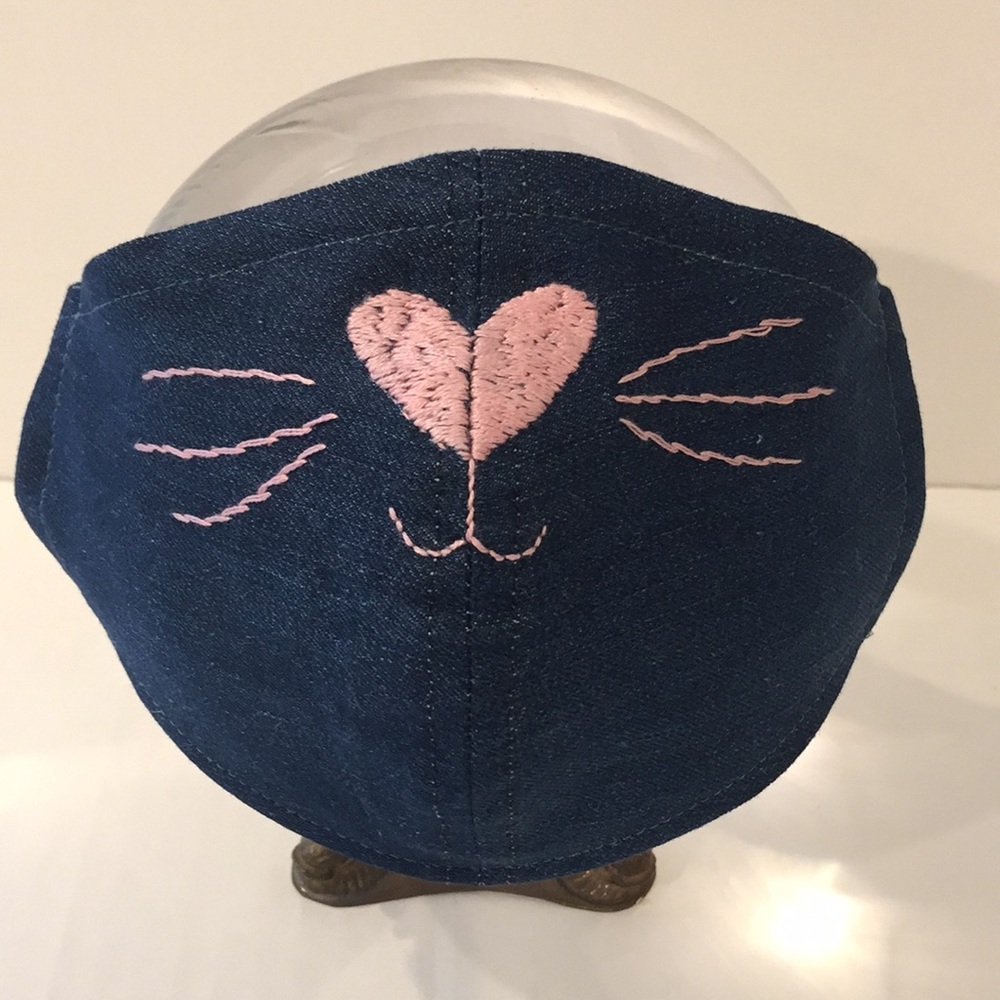 Hand embroidered denim cat face mask